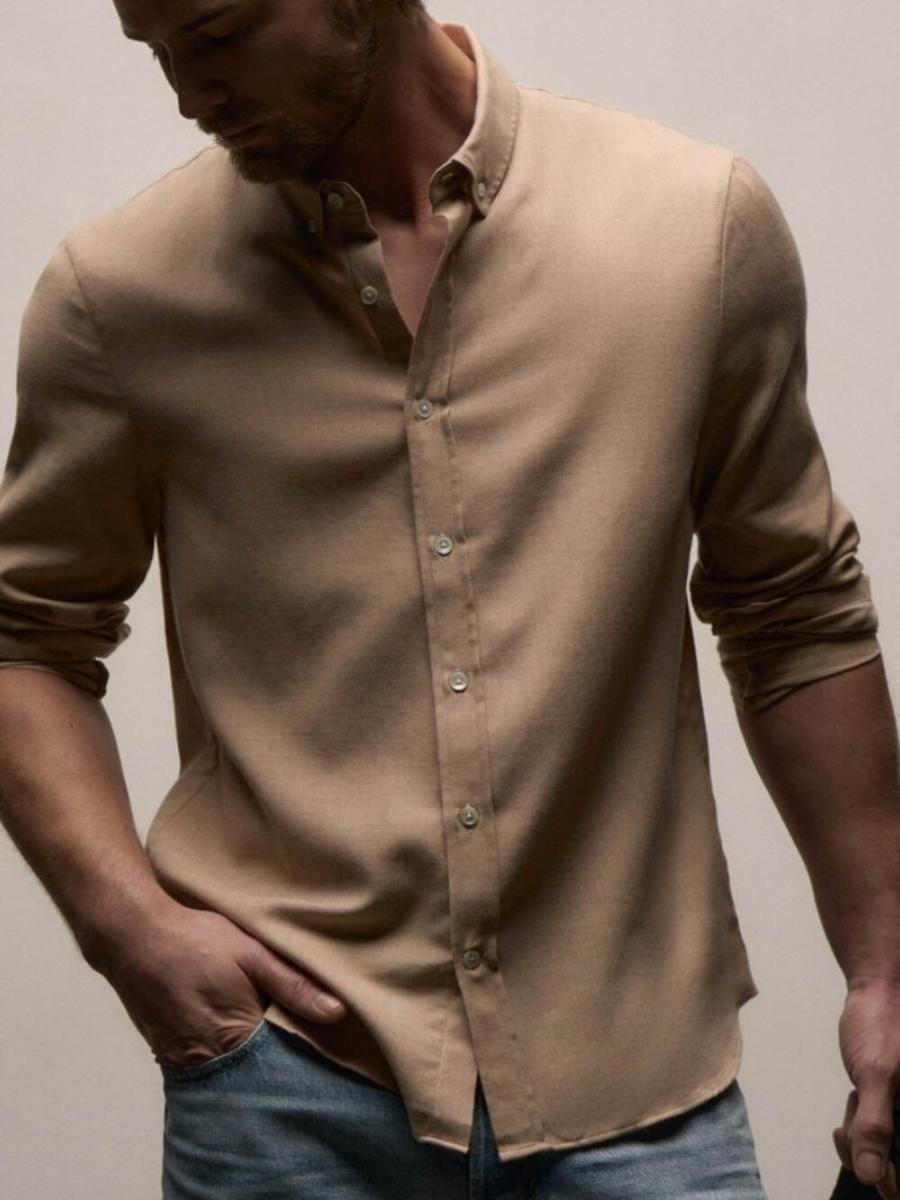 JAMES PERSE Men's Long-Sleeve Button-Down Shirt in Tan / Soft Beige Size 2